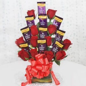 Beautiful arrangement of red roses paired with luxurious chocolates, ideal for romantic occasions, anniversaries, or expressing love and appreciation.