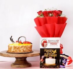 Butterscotch Combo with Flowers and Chocolates, showcasing a delightful butterscotch cake paired with vibrant flowers and luxurious chocolates for a perfect gift.