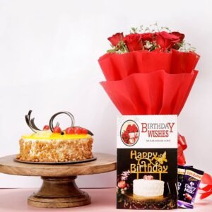 Butterscotch Combo with Flowers and Chocolates, showcasing a delightful butterscotch cake paired with vibrant flowers and luxurious chocolates for a perfect gift.