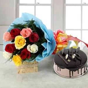 Chocolate Cake Mix Roses Bouquet featuring vibrant roses alongside a package of rich chocolate cake mix, a perfect gift for chocolate lovers.