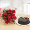 Roses bouquet beautifully arranged alongside a rich chocolate cake, ideal for celebrating anniversaries, birthdays, or expressing love and affection.