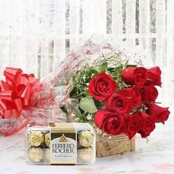 Charming Roses Combo featuring beautiful roses paired with delightful treats, ideal for gifting on special occasions like anniversaries, birthdays, or romantic gestures.