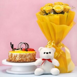 Butterscotch Combo with Teddy & Flowers, showcasing a delicious butterscotch cake accompanied by a cute teddy bear and vibrant flowers.