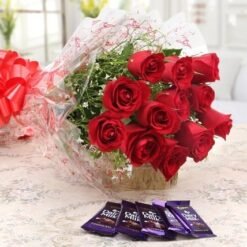 Red Roses Bouquet with Dairy Milk Chocolate, ideal for romantic gifts, anniversaries, and special occasions.