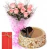 Butterscotch Cake Combo with Pink Flowers, featuring a delicious butterscotch cake elegantly decorated with fresh pink flowers, ideal for celebrations.