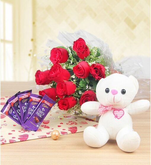 Teddy with chocolates and a vibrant bouquet of fresh flowers, perfect for gifting on birthdays, anniversaries, or special celebrations.