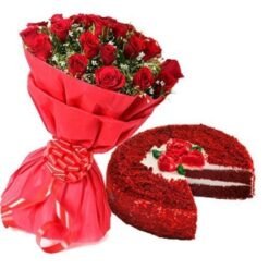 Red Velvet & Red Rose Combo featuring a rich red velvet cake and beautiful red roses, ideal for romantic celebrations.