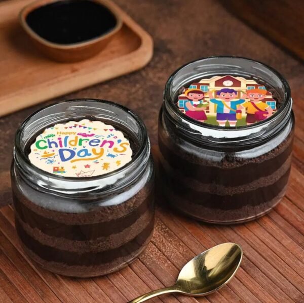 Choco Bliss Kids' Day Jar Cake featuring layers of rich chocolate and creamy frosting in a jar, perfect for a fun and sweet celebration.