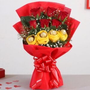 Luxe Red Roses & Ferrero Rocher Delight featuring a bouquet of premium red roses accompanied by gourmet Ferrero Rocher chocolates, perfect for special occasions.