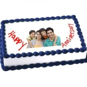 Rectangle anniversary cake with custom edible photo, perfect for celebrating love and special moments.