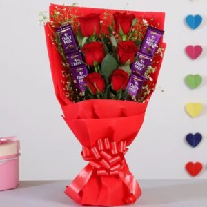 Romantic Red Roses with Chocolate Bliss featuring a stunning bouquet of fresh red roses alongside delicious chocolate treats, ideal for expressing love.