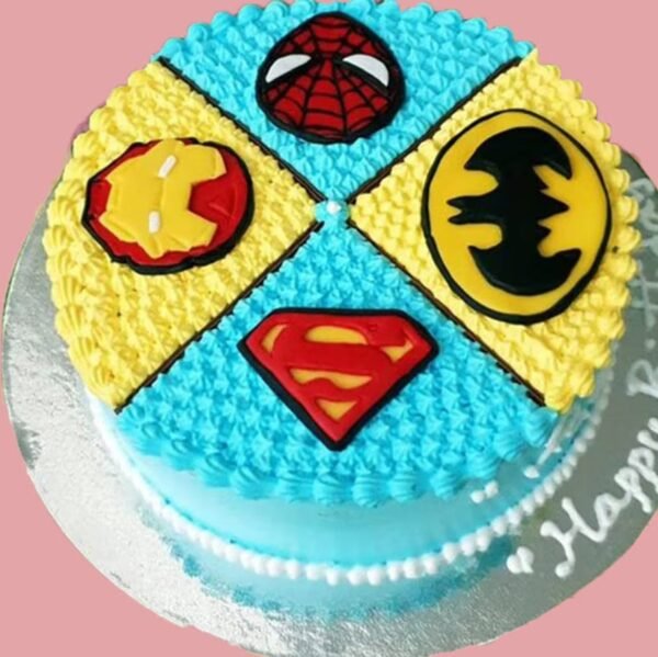 Superhero Celebration Cake with vibrant designs and delicious flavors, perfect for superhero-themed birthday parties and special events.