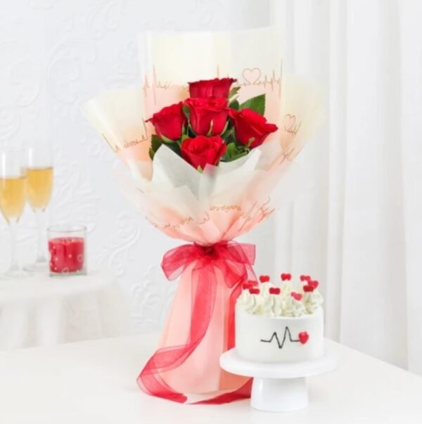 Blissful Love Floral & Cake Set featuring a stunning bouquet of fresh flowers alongside a delicious cake, ideal for romantic occasions and gifts.