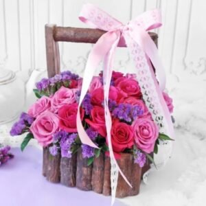 Charming Rose Harvest Basket filled with vibrant roses, showcasing a beautiful floral arrangement perfect for gifts, celebrations, and home decor.