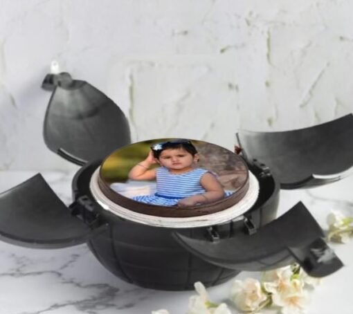Choco Burst Photo Bomb Cake with rich chocolate layers and a surprise filling, designed for special occasions and personalized photo memories.
