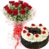 Crimson Delight Black Forest Cake with fresh red roses, beautifully arranged for a luxurious gift or celebration, featuring rich chocolate layers.