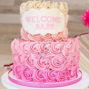 Welcome Baby Rose Tier Cake adorned with beautiful rose decorations, perfect for celebrating a newborn's arrival at baby showers.