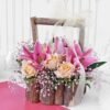 Elegant Roses and Lilies in Rustic Basket featuring a charming arrangement of vibrant roses and lilies, ideal for gifts and home decor.