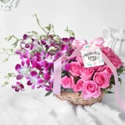 Enchanted Orchid & Rose Basket for Mom – a beautiful floral arrangement combining vibrant orchids and roses, ideal for expressing love and appreciation.