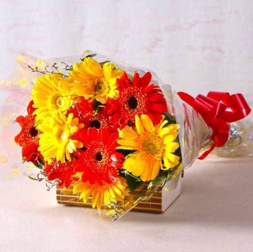 Fiery & Sunny Gerbera Blooms featuring vibrant, colorful gerbera flowers in an arrangement, ideal for home decor or special occasions.