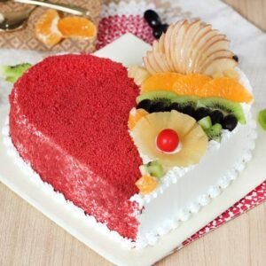 Fruity Velvety Affair Cake featuring a moist velvet base topped with fresh fruits, ideal for celebrations, birthdays, and sweet occasions.