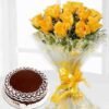 Golden Blooms & Decadent Cake featuring a beautiful arrangement of golden flowers alongside a rich, decadent cake, ideal for special occasions.