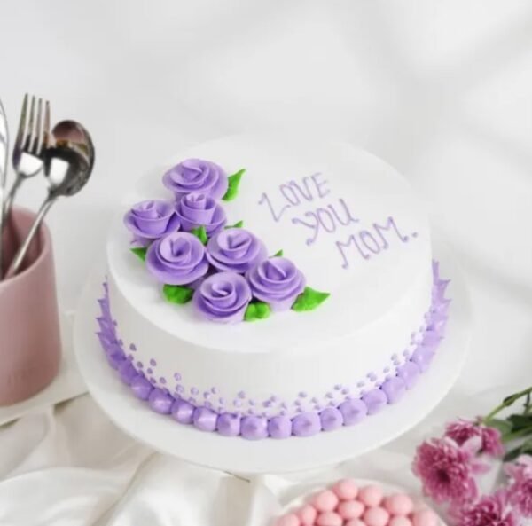 Lavender Bliss Mother's Day Cake, beautifully decorated with lavender accents, showcasing a moist cake infused with soothing lavender flavors for a special celebration.