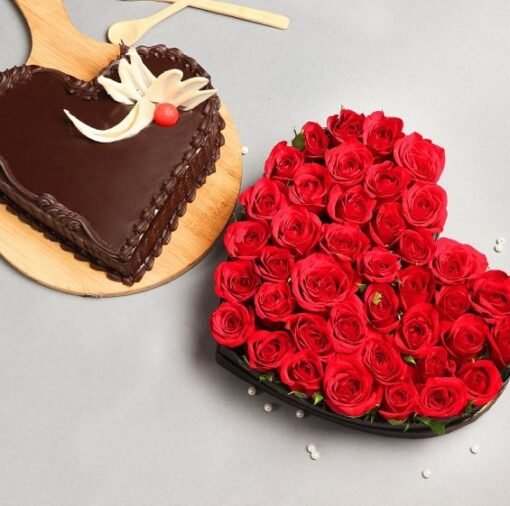 Love Bloom Heart Cake paired with a beautiful bouquet of flowers, ideal for romantic celebrations and heartfelt gifting.