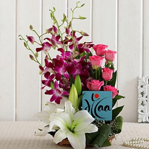 Maa Tabletop Bliss with Mixed Blooms – a beautiful floral arrangement, perfect for celebrating mom with vibrant, fresh flowers.