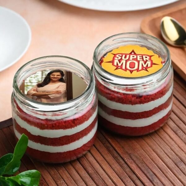 Mom Red Velvet Jar Photo Cakes with personalized edible images, featuring rich red velvet layers, ideal for celebrating special moments with your mom.