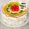 Mom's Fruity Delight Cake, featuring layers of fluffy cake topped with an assortment of fresh fruits, ideal for special occasions.