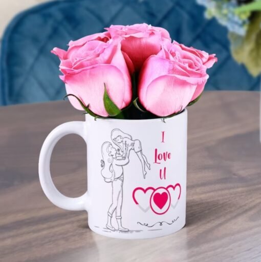 Mom’s Heart Mug With Blush Roses, featuring a beautiful arrangement of soft blush roses in a heart-themed mug, perfect for gifting.