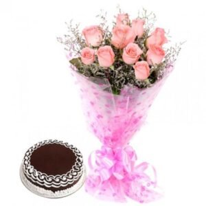 Petal-Pink Chocolate Dream featuring a decadent chocolate cake adorned with soft pink roses, ideal for gifts and special occasions.