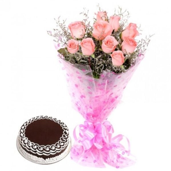 Petal-Pink Chocolate Dream featuring a decadent chocolate cake adorned with soft pink roses, ideal for gifts and special occasions.