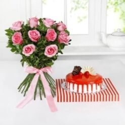 Petite Rose Charm and Cake Duo featuring a beautiful rose bouquet alongside a delicious cake, perfect for gifting on special occasions.