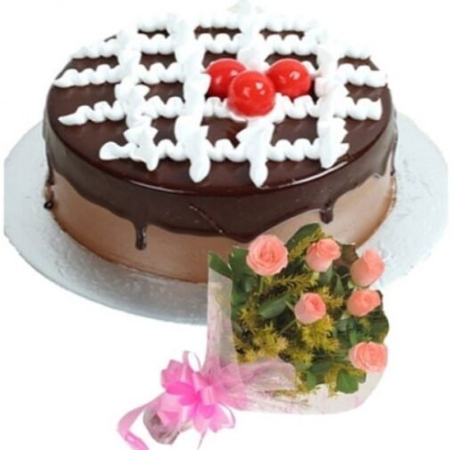 Pink Roses & Rich Chocolate Cake Combo featuring a stunning bouquet of pink roses alongside a decadent chocolate cake, ideal for celebrations.