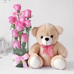 Romantic Pink Roses & Teddy Gift Set featuring a beautiful bouquet of pink roses alongside a cuddly teddy bear, ideal for romantic occasions.