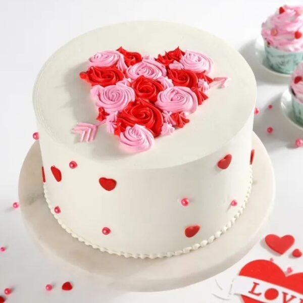 Romantic Rose Heart Cake with intricate rose decorations on a heart-shaped cake, featuring rich layers and creamy frosting.