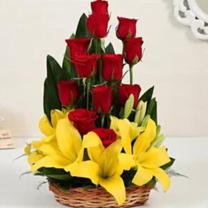 Rose & Lily Delight Basket featuring a beautiful arrangement of roses and lilies, perfect for expressing love and joy on any occasion.