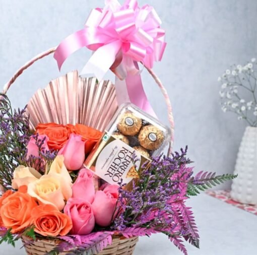 Beautiful roses and decadent chocolates arranged in a luxurious basket, perfect for gifting on special occasions and expressing love.