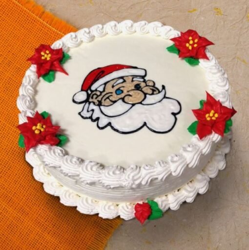 Santa Photo Designer Cake featuring a personalized Santa image on a festive cake, ideal for Christmas celebrations and holiday gatherings.