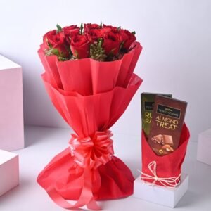 Stunning Red Roses & Chocolate Collection featuring fresh red roses beautifully arranged with luxurious chocolates, perfect for gifting on special occasions.