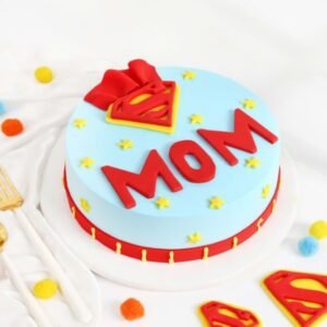 Dynamic SuperMom Marvel Cake with vibrant superhero designs, ideal for celebrating Mother's Day and special occasions for superhero fans.