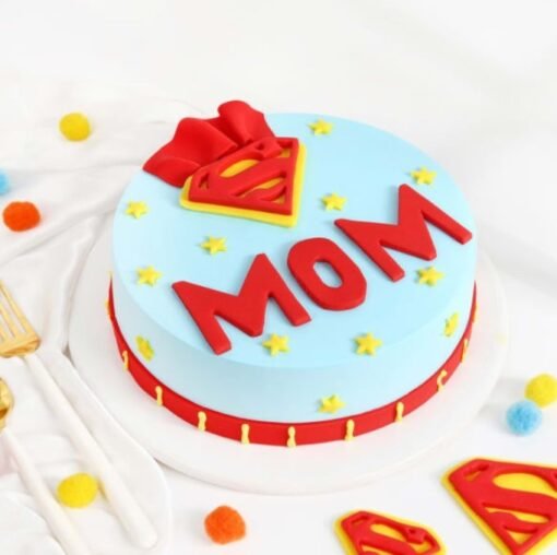 Dynamic SuperMom Marvel Cake with vibrant superhero designs, ideal for celebrating Mother's Day and special occasions for superhero fans.