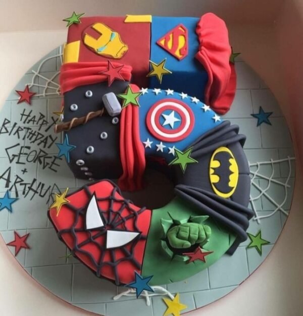 Colorful Superhero Number Cake, ideal for birthday celebrations, featuring vibrant designs and themed decorations to delight superhero fans.