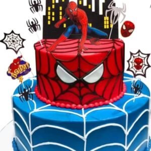 Colorful Two-Tier Spiderman Cake with vibrant designs and decorations, ideal for superhero-themed birthdays and special celebrations.