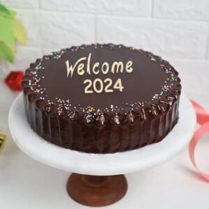 Belgian Cocoa New Year Cake with a decadent chocolate base and festive decorations, crafted with premium Belgian cocoa for a rich taste.