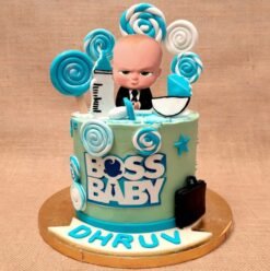 Boss Baby Fondant Cake featuring detailed baby-themed fondant decorations, ideal for kids’ birthday parties and fun, memorable celebrations.