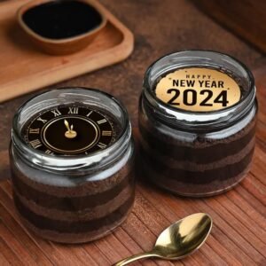 Choco Duo New Year Jar Cakes – layered chocolate and cream dessert jars, perfect for New Year’s celebrations and indulgent treats.