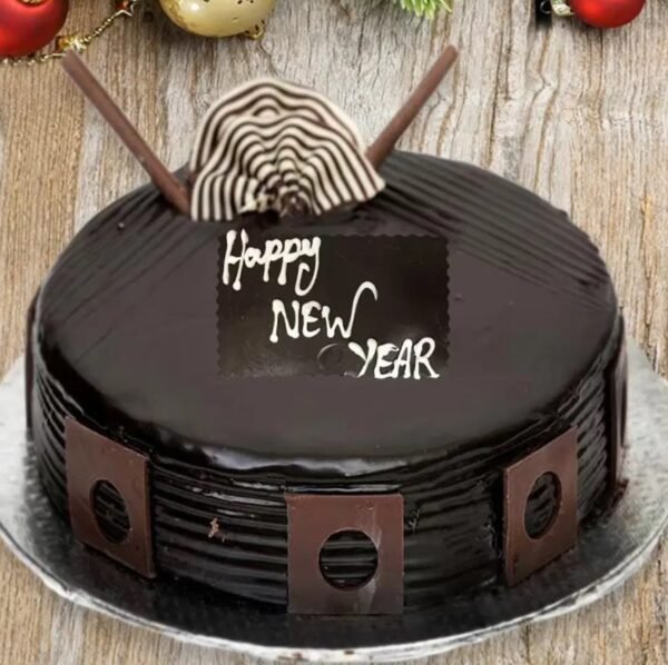 Chocolate New Year Cake decorated with festive New Year elements, ideal for celebrations and sharing with loved ones.